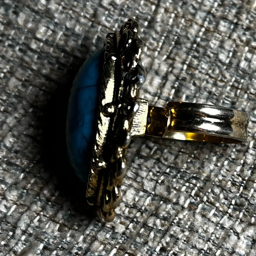 Vintage Chunky Faux Turquoise Gold Tone Statement Costume Adjustable Ring Ornate